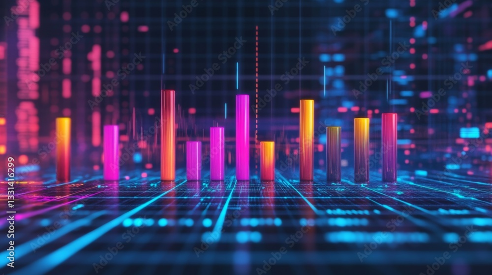 Poster a futuristic financial d bar graph showing rising bars in bright colors, floating against a digital 