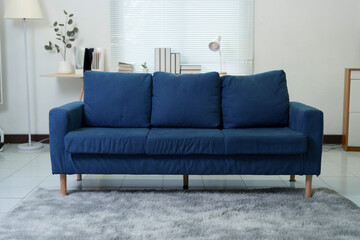 Comfortable blue couch sitting on soft gray carpet in a minimal style living room with bright white walls, creating a cozy and inviting atmosphere perfect for relaxation