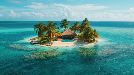 Obraz premium A tropical island with palm trees and a thatched hut surrounded by clear blue water and a vibrant sky.