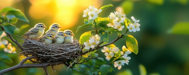 Animated wallpaper of a cute baby bird waiting eagerly for its mother in a cozy, warm nest, surrounded by soft, peaceful nature