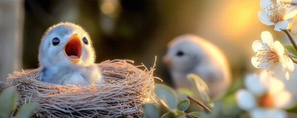 Animated wallpaper of a cute baby bird waiting eagerly for its mother in a cozy, warm nest, surrounded by soft, peaceful nature