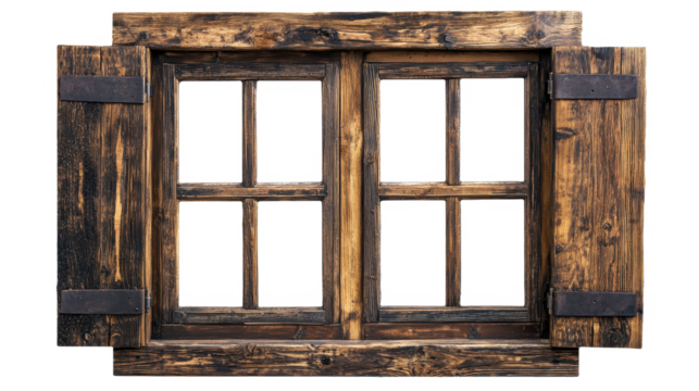Rustic Wooden Window with Shutters: A Vintage Architectural Detail for Farmhouse or Cabin Design, Perfect for Texture Backgrounds and Retro Home Decor