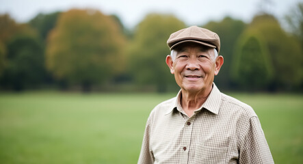 smiling senior man in a flat cap and plaid shirt enjoying a peaceful outdoor setting