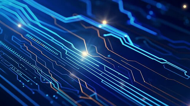 Blaue Lichtlinien und Datenstr&ouml;me flie&szlig;en in technischer Animation