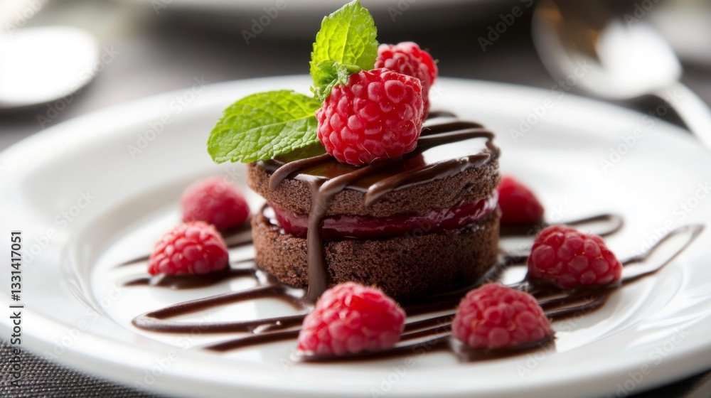 Aufkleber A luxurious chocolate dessert plated with a drizzle of raspberry sauce and garnished with mint leaves, showcasing a refined and indulgent culinary creation.