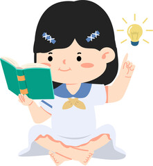 Kid reading book with idea lamp flat