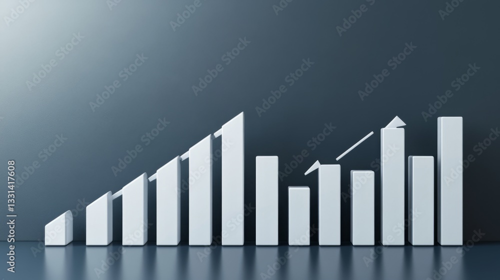 Leinwandbilder A modern D bar graph displaying financial performance with rising and falling bars, set against a professional blue and gray background.