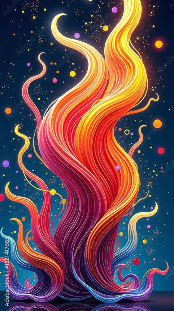 Poster A colorful fire with a blue background. The fire is made up of many different colors. There are many small circles in the background