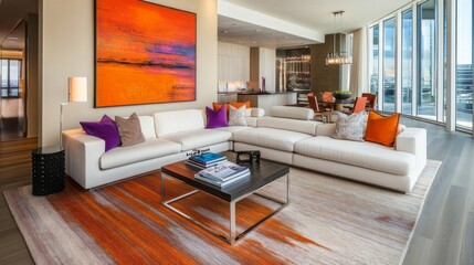 A modern sectional sofa in a spacious living area, paired with a stylish coffee table and accent chairs, showcasing a contemporary design and comfort.