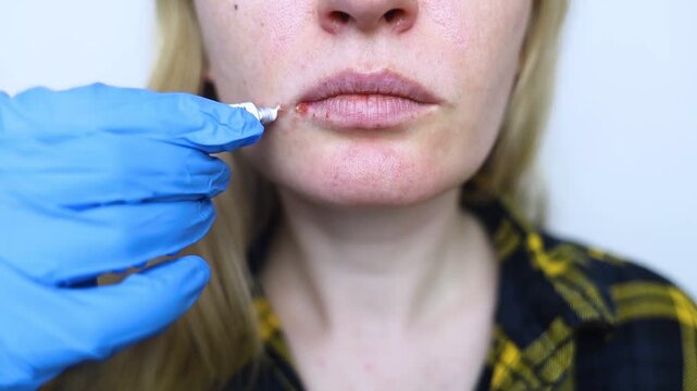 Herpes on the lips of women. A dermatologist examines and treats with ointment fever blisters of the herpes simplex virus