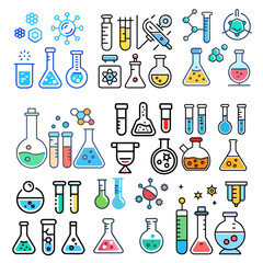 Chemical test tube pictogram icons set. Chemical lab equipment isolated on white. Experiment flasks for science experiment. Chemical Test Tubes Icons Set. Vector. Test tubes filled colorful liquids. 
