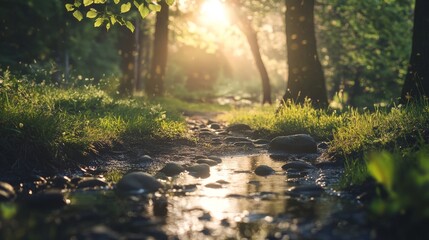Fototapeta premium A stream flows through a forest, sunlight shining through the trees.
