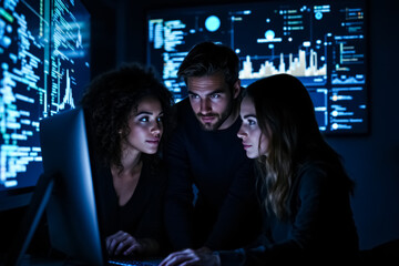 three focused programmers collaborating on a software project late at night