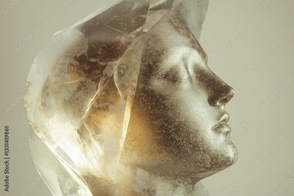 Poster translucent sculpture of serene face with golden hue, evoking sense of calm and introspection. artwo