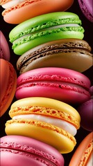 A colorful assortment of macarons stacked together, showcasing various flavors and vibrant hues against a dark background.