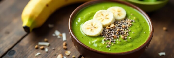 Green smoothie bowl topped with ripe banana slices, chia seeds, and coconut flakes on wooden table, healthy, refreshment, superfood