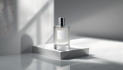 Elegant perfume bottle on a white platform with soft light and shadows