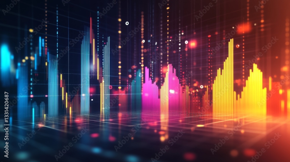 Aufkleber A set of colorful D financial graphs showing stock performance and business growth, set against a dark background with digital elements.