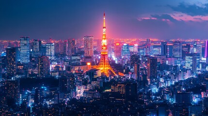 Neon glow illuminating modern cityscape with tall towers high resolution picture