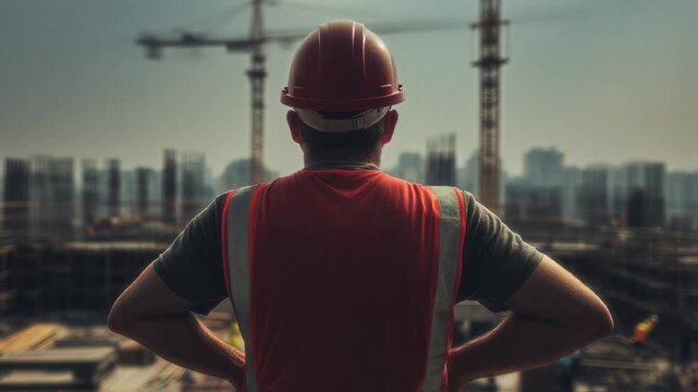Construction site, engineer and safety with man in helmet and vest looking at building progress for industrial project management, engineering and urban development supervision