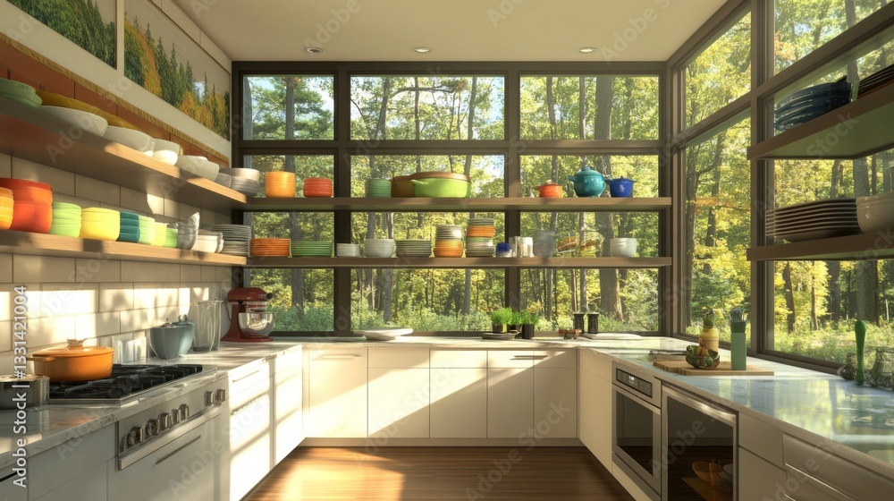 Poster a spacious kitchen with large windows allowing natural light to flood in, highlighting the open shel