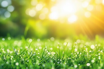 Obraz premium Morning dew on lush green grass in a sunlit meadow closeup photography nature tranquil environment vibrant viewpoint
