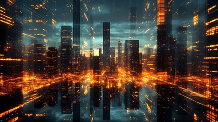 Fototapeta premium Neon glow over modern cityscape with tall towers high resolution picture
