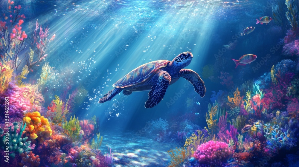 Poster A striking image of a sea turtle diving deep into the ocean, with rays of sunlight breaking through the water surface, creating a mesmerizing underwater scene.