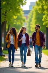 Obraz premium Group of diverse college students walking through campus on a sunny day, outdoors, students, group
