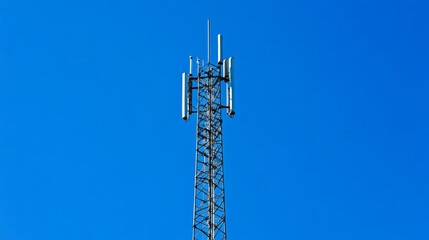 A striking image of a tall cell phone tower against a clear blue sky, with antennas and satellite dishes prominently displayed, representing modern communication technology.