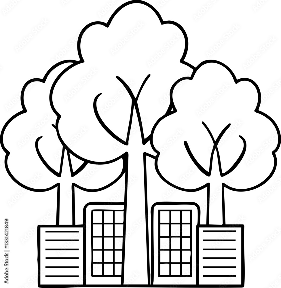 Poster three stylized trees with buildings in a minimalistic design.