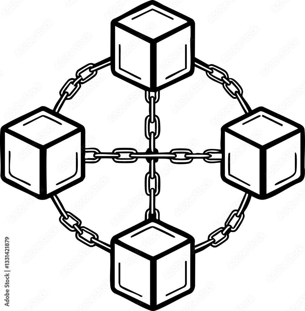 Poster abstract illustration of interconnected cubes and chains, symbolizing connectivity.