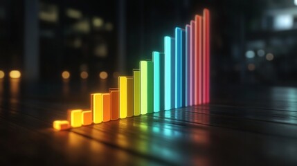 A vibrant D financial bar graph with glowing bars on a dark background, showcasing positive business growth and market performance.