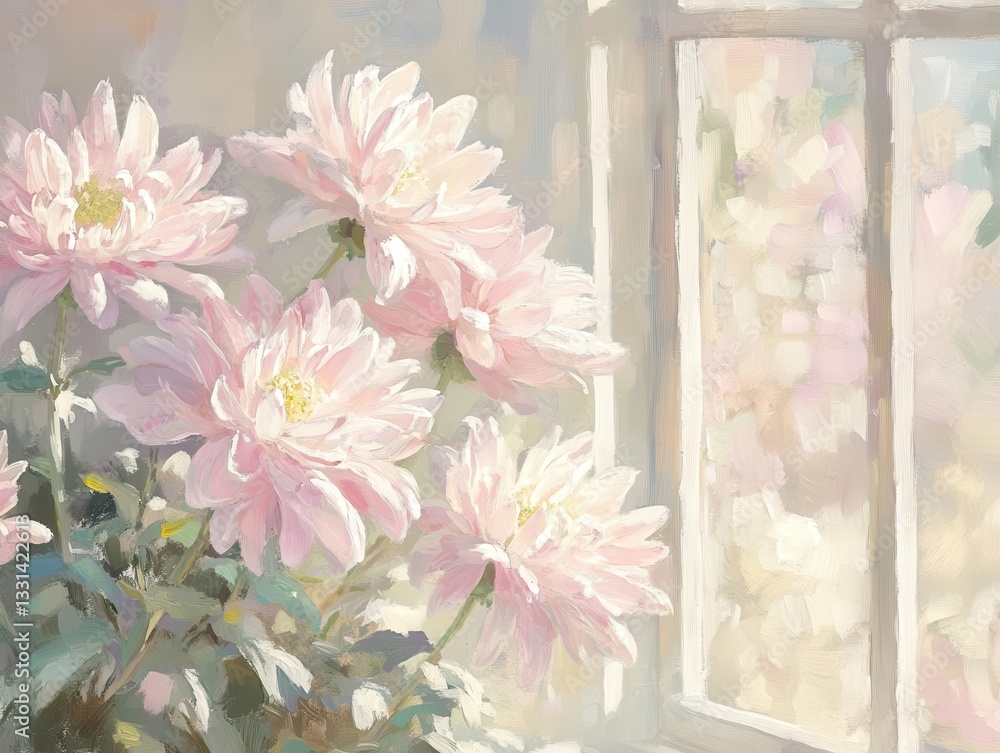 Poster soft pink blossoms in a gentle light streaming through a window creating a serene atmosphere in a co