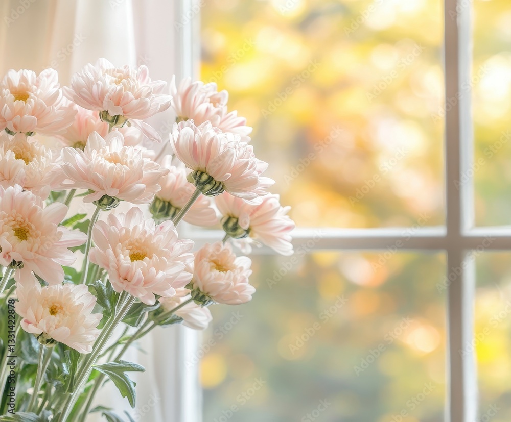 Poster soft pink chrysanthemums in a bright room with sunlight shining through the window creating a warm a