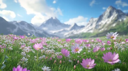Obraz premium A Stunning Field of White Flowers Against a Mountain Scenery