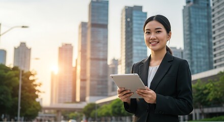 Fototapeta premium Smiling young Asian business woman leader entrepreneur, professional manager holding digital tablet standing on the street in big city on sky background.
