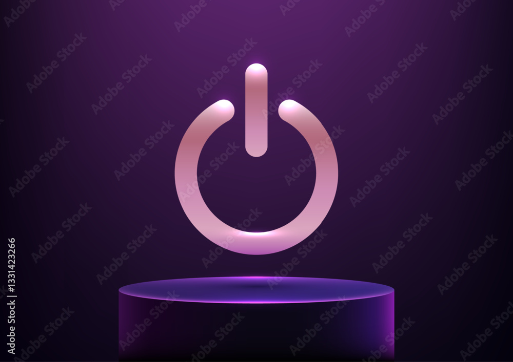 Poster modern 3d power button icon on cylindrical platform with pink glow, technology concept, digital inte