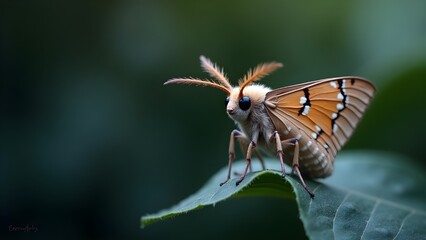 A delicate, intricately patterned moth with feathery antennae and large, shining eyes perches on a soft, velvety leaf, its powdery wings folded delicately against its body, showcasing a mesmerizing mi