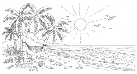Tropical beach with palm trees, hammock, seashells, starfish, and ocean waves under the sun. Black and white coloring page for adults.