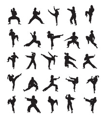 set of silhouettes of martial art woman