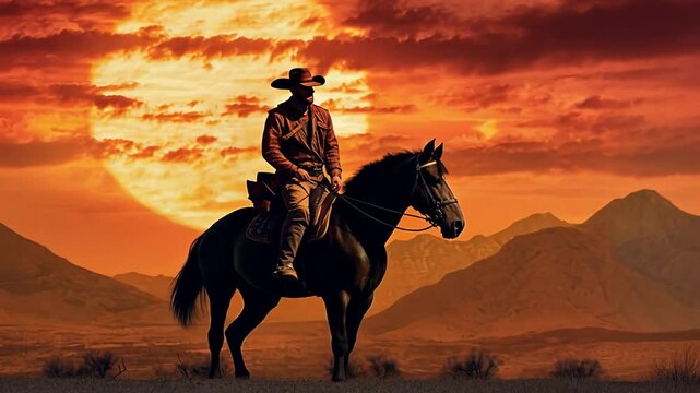Cowboy auf Pferd reitet in den Sonnenuntergang