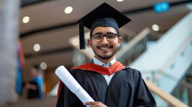 young indian graduate with Slavic features, proudly holding his diploma while dressed in a traditional academic gown and cap.