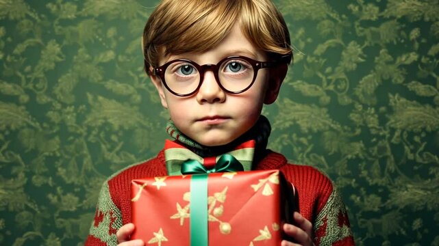 Junge mit Brille in stilvollem Retro-Look vor gr&uuml;nem Hintergrund