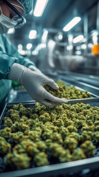 Hands in gloves carefully sort and handle dried cannabis buds in a modern processing facility, emphasizing cleanliness and meticulousness in the production process