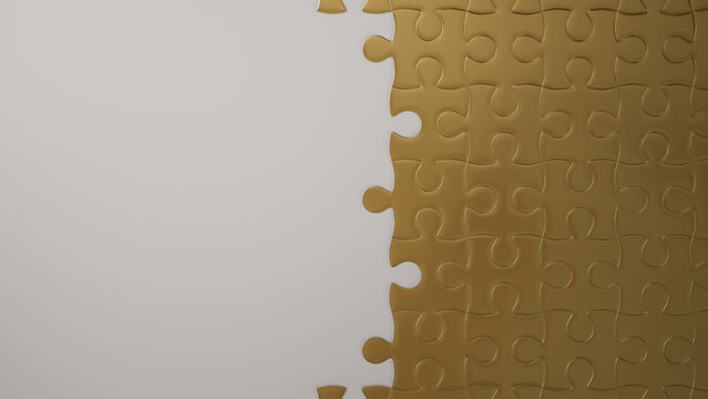 Golden Jigsaw Puzzle Challenge: Incomplete Assembly with Missing Piece on White