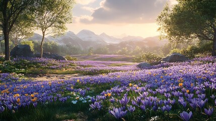 Purple flower field spread under cloudy sky, accented by yellow and white blossoms, surrounded by rocks and distant mountains
