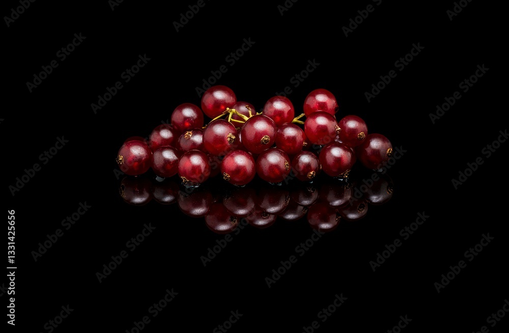 Poster cluster of fresh red currants with reflection against black background