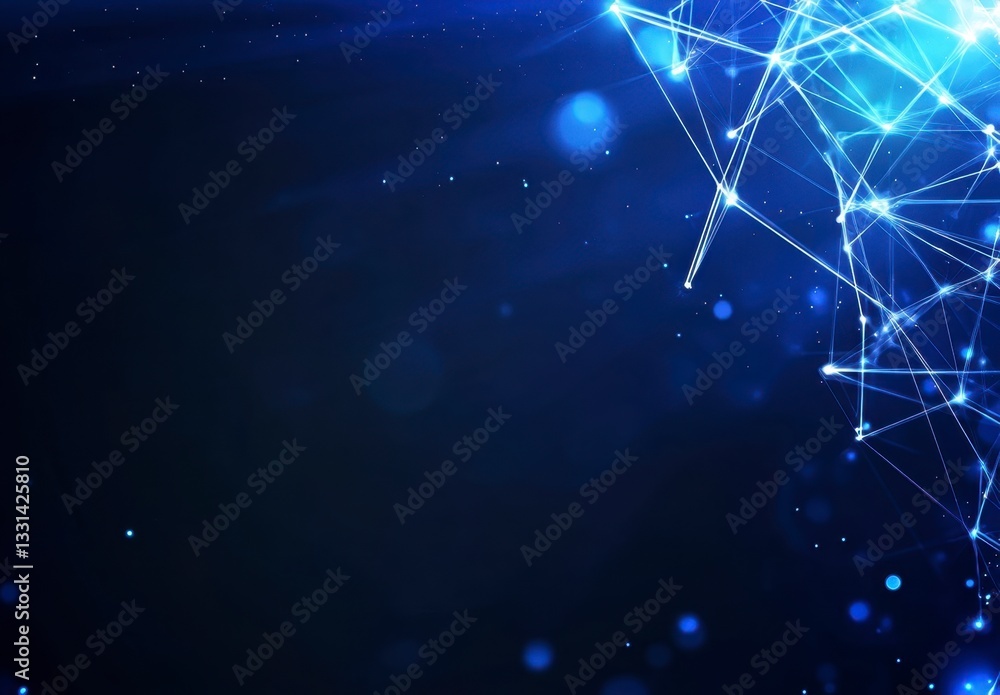 Poster abstract background with glowing blue network nodes and lines on dark background. glowing particles 