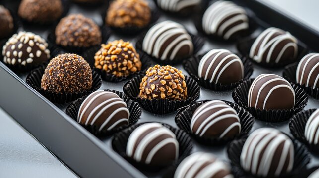 Tray of chocolate truffles. there are 12 truffels in the tray, arranged in a circular pattern.